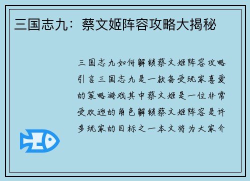 三国志九：蔡文姬阵容攻略大揭秘
