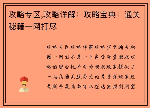 攻略专区,攻略详解：攻略宝典：通关秘籍一网打尽